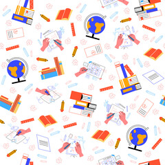 Seamless pattern with school items. Educational equipment, books, globe and textbooks. Decor textile, wrapping paper, wallpaper design. Print for fabric. Cartoon flat isolated vector concept