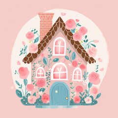 Enchanting Cottage Nestled in a Rose Garden,Cute dreamy colorful cabin illustration
