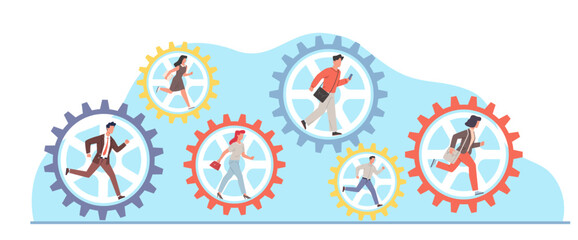 Teamwork concept, businessmen running inside machine gears. Male and female characters cooperation and collaboration, working together. Cartoon flat isolated vector partnership illustration