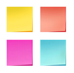 Set of four colorful empty paper sheets isolated on transparent background PNG, yellow orange pink blue black paper notes / sheets mock up for design.