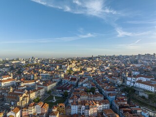 Drone image of Porto city center in the morning at sunrise