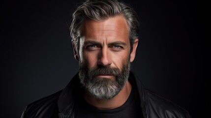 Fototapeta premium Suave and Stylish Mid-Aged Man with a Lush Beard and Hair.Showcase your mustache and hair products with this attractive model, exuding modern fashion and grooming