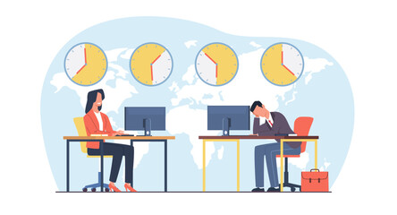 World business time concept, managers work in branches in different time zones. International business. Clocks showing local timezone. Global network. Cartoon flat isolated vector illustration