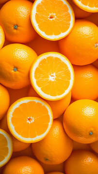 orange background. generative ai. lots of sliced ​​oranges.