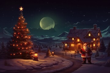 Winter village with christmas trees and houses. Christmas and New Year background.