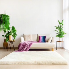 Minimalist home interior design for modern living room. White sofa with lilac plaid, pillows, white carpet and plants near the window