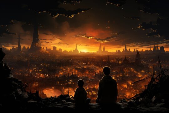 Sad children watching atom bomb explosion in city, nuclear war concept