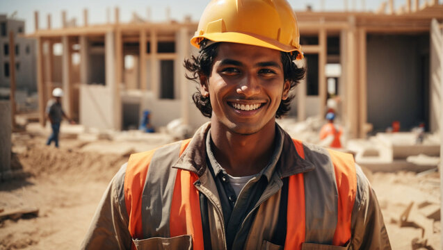 Operaio edile di origini arabe sorridente in un cantiere