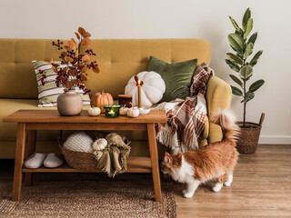 Scandinavian-style autumn living room - yellow sofa with pillows and blankets, wooden oak bench...