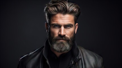 Fototapeta premium Suave and Stylish Masculine Model with Lush Beard and Hair.His confident and modern style makes him the ideal model for your hair and mustache product advertisement
