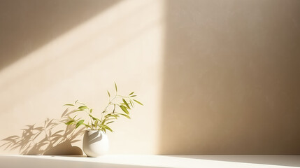 Minimalistic abstract gentle light beige background for product presentation with light and intricate shadow from the window and vegetation on the wall.