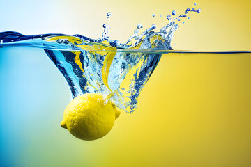 a lemon falling into the water with a yellow background, lemon slices float on the water, realistic...