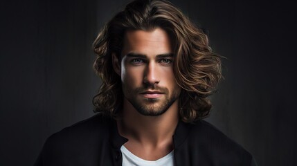 Masculine Hair Model with Luxurious Long Hair.masculine young man with lush, thick, and long hair, showcasing the allure of a hair product - obrazy, fototapety, plakaty