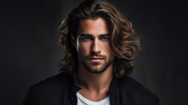 Masculine Hair Model with Luxurious Long Hair.masculine young man with lush, thick, and long hair, showcasing the allure of a hair product