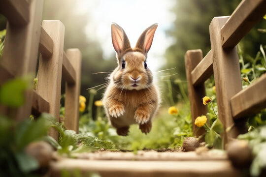 Brave rabbit tackling backyard obstacle course background with empty space for text 