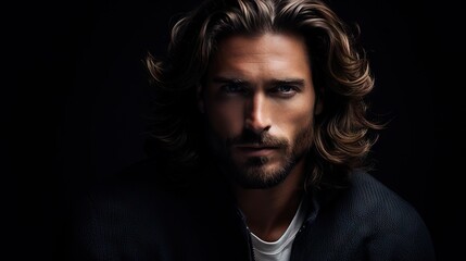 Obraz premium Masculine Hair Model with Luxurious Long Hair.masculine young man with lush, thick, and long hair, showcasing the allure of a hair product