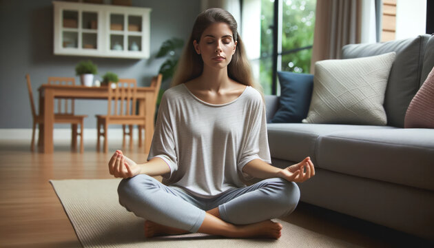 Image of a young woman deeply engrossed in meditation at home. She sits comfortably on the floor of her living room, her body relaxed and mind at peace. 