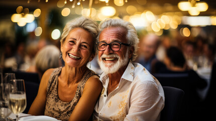 Elderly tourists sharing laugher during a global cruise dinner gathering 