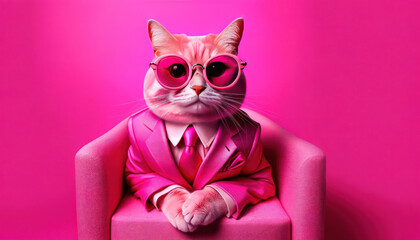 Vibrant photograph capturing a pink cat in its finest pink attire against a bright pink backdrop.