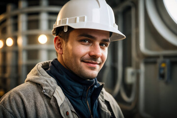 Portrait of the senior successful confident senior male factory worker standing in Nuclear power plant. Green energy concept