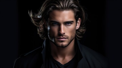 Masculine Hair Model with Luxurious Long Hair.masculine young man with lush, thick, and long hair, showcasing the allure of a hair product