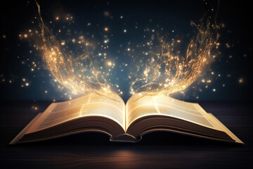 Magic book glowing with holy light from open literature