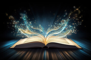 Mystic magic book, open pages with mystery light - obrazy, fototapety, plakaty