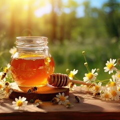 jar of honey with daisies and bees on the background of nature. sunny day 