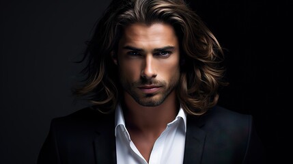Fototapeta premium Masculine Hair Model with Luxurious Long Hair.masculine young man with lush, thick, and long hair, showcasing the allure of a hair product