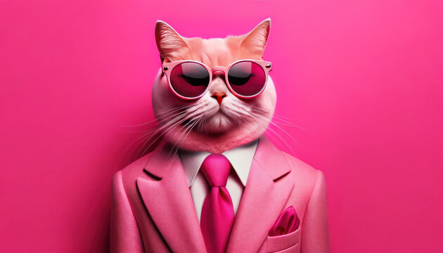 Naklejki Photo against a bright pink background showcasing a cat fully embracing the color.