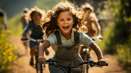 Joyful children energetically embark on an adventurous cross-country bicycle tour 