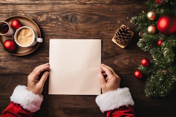 Santa Claus holding a blank Christmas letter, ready to pen wishes on a festive, vintage-themed wooden table.