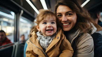 Joyful toddlers first train journey with parents background with empty space for text 