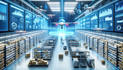 Obraz premium 3D render of an advanced retail warehouse where Industry 4.0 concepts come to life. 