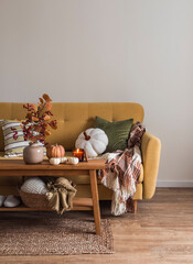 Sofa with pillows and blankets, oak bench with autumn decor in a cozy autumn living room interior