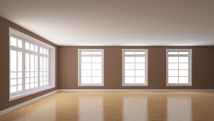 Empty Room with Brown Plastered Walls, a Large Window on the Left and Three Windows on the Center. White Plinth and a Light Parquet Floor. Mockup Interior. 3d Render, 8K Ultra HD, 7680x4320, 300 dpi