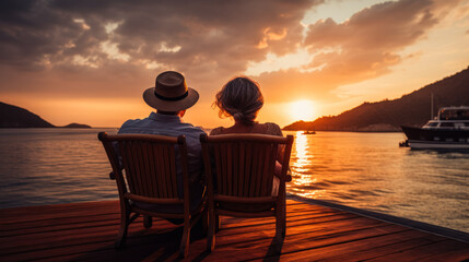 Seniors enjoying sunset on cruise ship deck background with empty space for text 