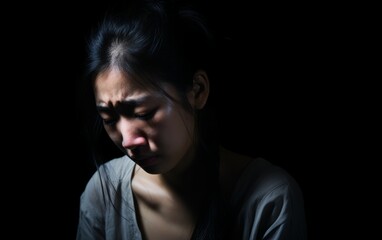 Young woman crying in the dark, feeling sad tired, and worried suffering depression in mental health.