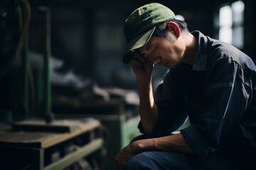 A tired factory worker takes a break, seeking rest after a demanding day amidst the factory machines.