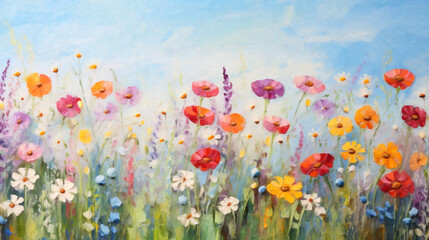Oil painting illustration of lush blooming summer meadow with colorful wildflowers, impressionism, beautiful artistic image for wallpaper, art print, background design, canvas texture