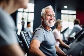 Senior man running on a treadmill in a health club with a trainer. ia generated - obrazy, fototapety, plakaty