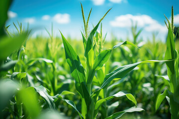 Obraz premium A close-up of lush green biofuel crops, such as corn or sugarcane, used for sustainable energy.