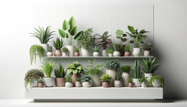 3D render showcasing a collection of various houseplants in ceramic pots. Each plant exudes vitality, and they are neatly arranged on a white shelf