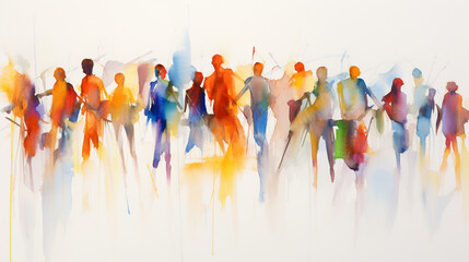 Crowd of people panorama, abstract watercolor painting with bright and bold colors, meeting on the street. Beautiful artistic image for poster, wallpaper, art print.  - obrazy, fototapety, plakaty