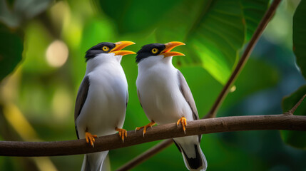 Naklejka premium Couple of Bali Mynah Birds on a Tree Branch..