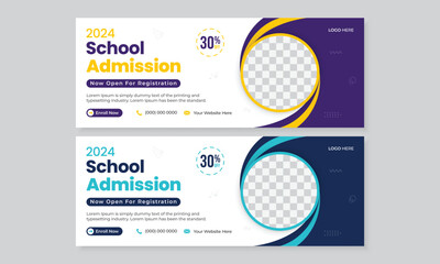 Kids school admission, back to school, online education social media post, facebook timeline cover page design template, colorful web banner layout set in modern and minimal trendy latest style