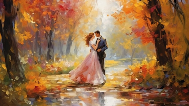 Abstract oil painting of newly married couple in autumnal forest, impressionism, beautiful artistic image for poster, wallpaper, art print.