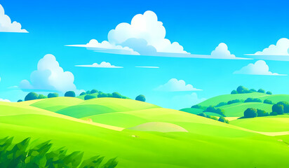 Summer landscape with green meadow and blue sky.