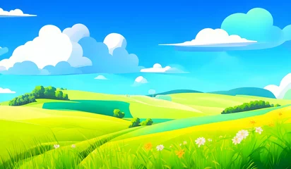 Foto op Canvas Summer landscape with green meadow and blue sky. © anamulhaqueanik