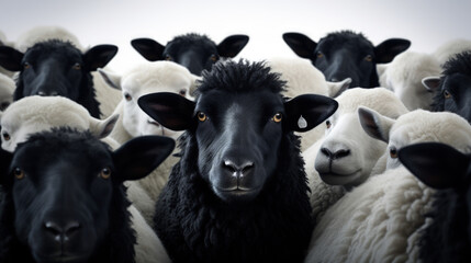 This captivating image captures a black sheep standing out among a group of white sheep against a clean backdrop, representing distinctiveness and diversity.